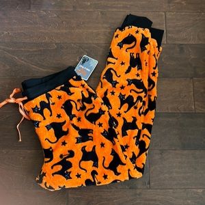 Cute jogger style Halloween Black Cat Print Plush Pajama Pants New Orange